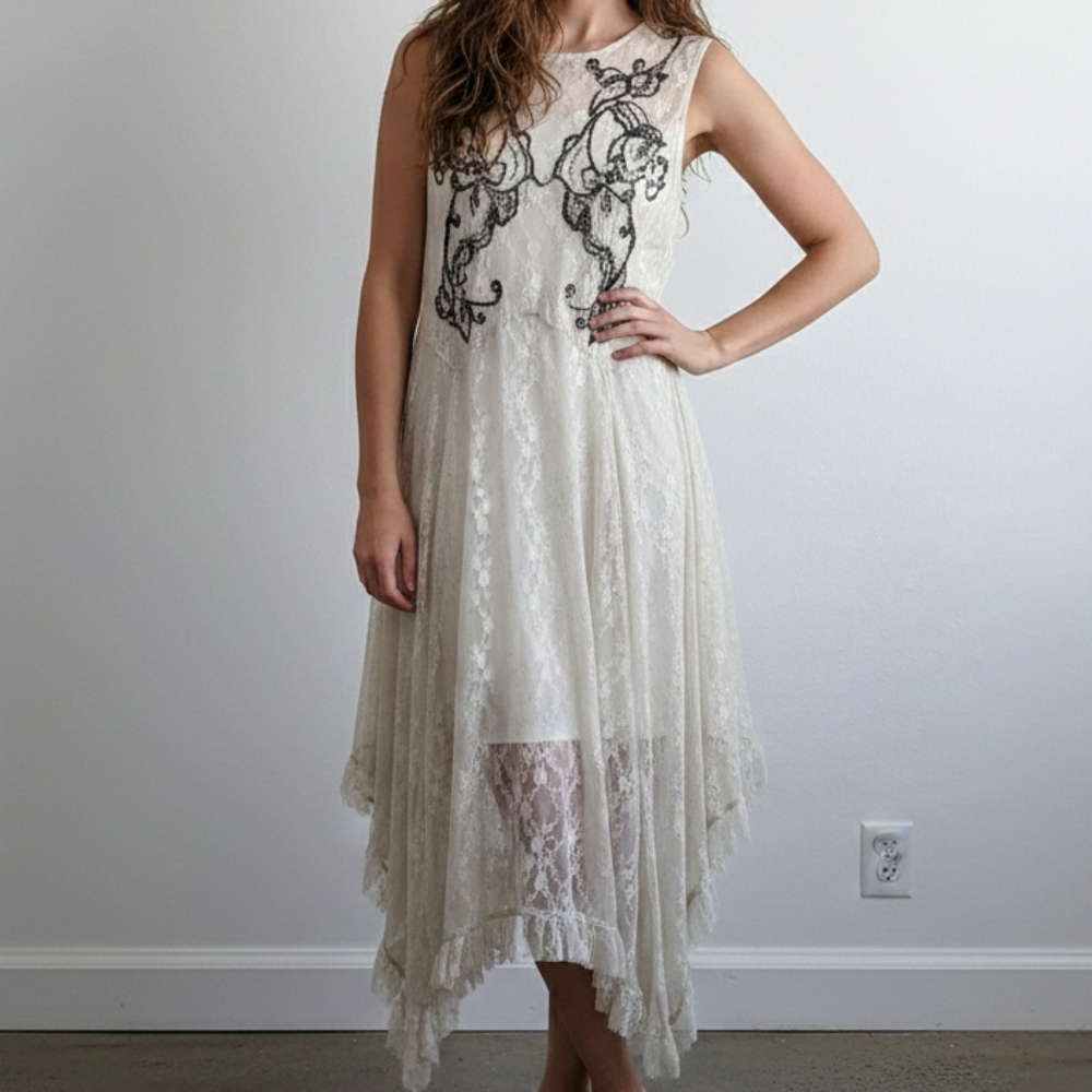 Free People Lace Beaded Bohemian Handkerchief Lace Dress